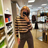 Cashmere Stripe Crew in Dark Brown and Pale Pink