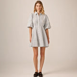 Seersucker Decorated Dress -Blue Stripe