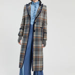 Long plaid wool blend coat in grey blue and camel with navy velvet trim details