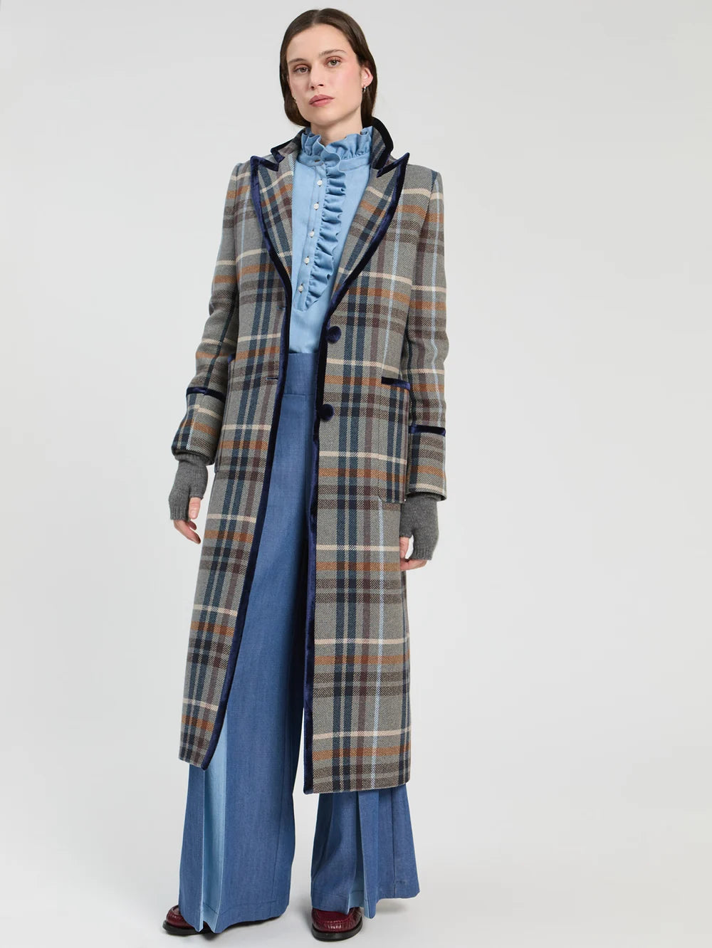 Long plaid wool blend coat in grey blue and camel with navy velvet trim details