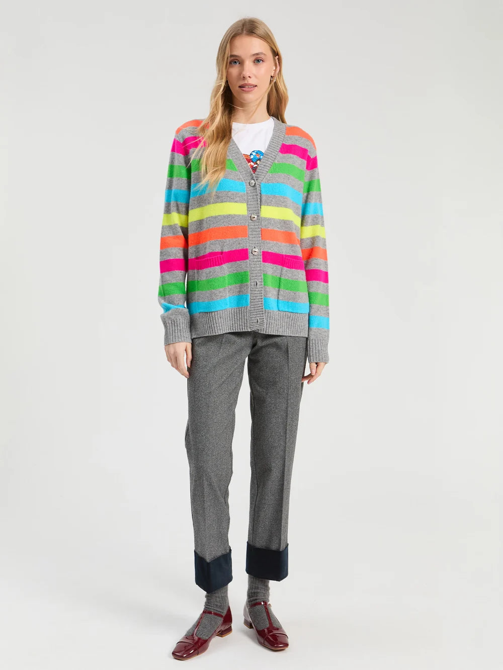 Grey button-up cardigan with neon multicolor horizontal stripes, long sleeves