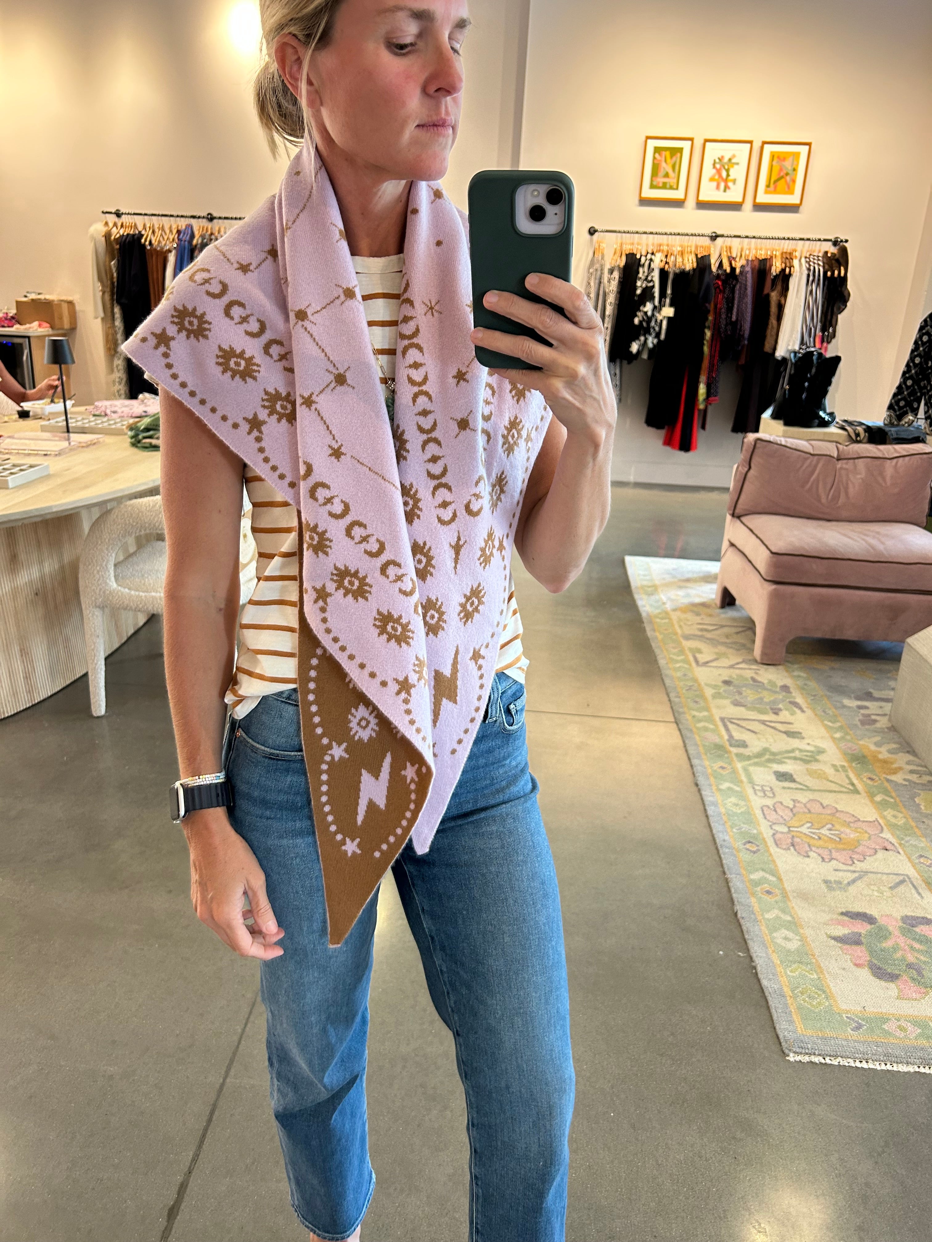 Pink and tan knit triangle scarf with celestial star and moon pattern