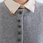 Fantastica grey knit cardigan with green buttons, layered over a floral collared shirt