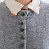 Fantastica grey knit cardigan with green buttons, layered over a floral collared shirt