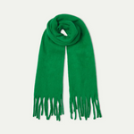 Bright green fringed scarf rolled at center, long tassel ends, soft knit fabric
