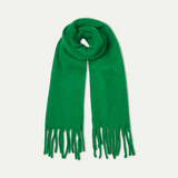 Bright green fringed scarf rolled at center, long tassel ends, soft knit fabric