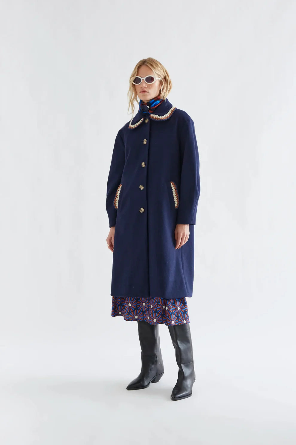 Navy blue wool coat with crochet collar and pocket trim, gold buttons, midi length