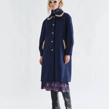 Navy blue wool coat with crochet collar and pocket trim, gold buttons, midi length