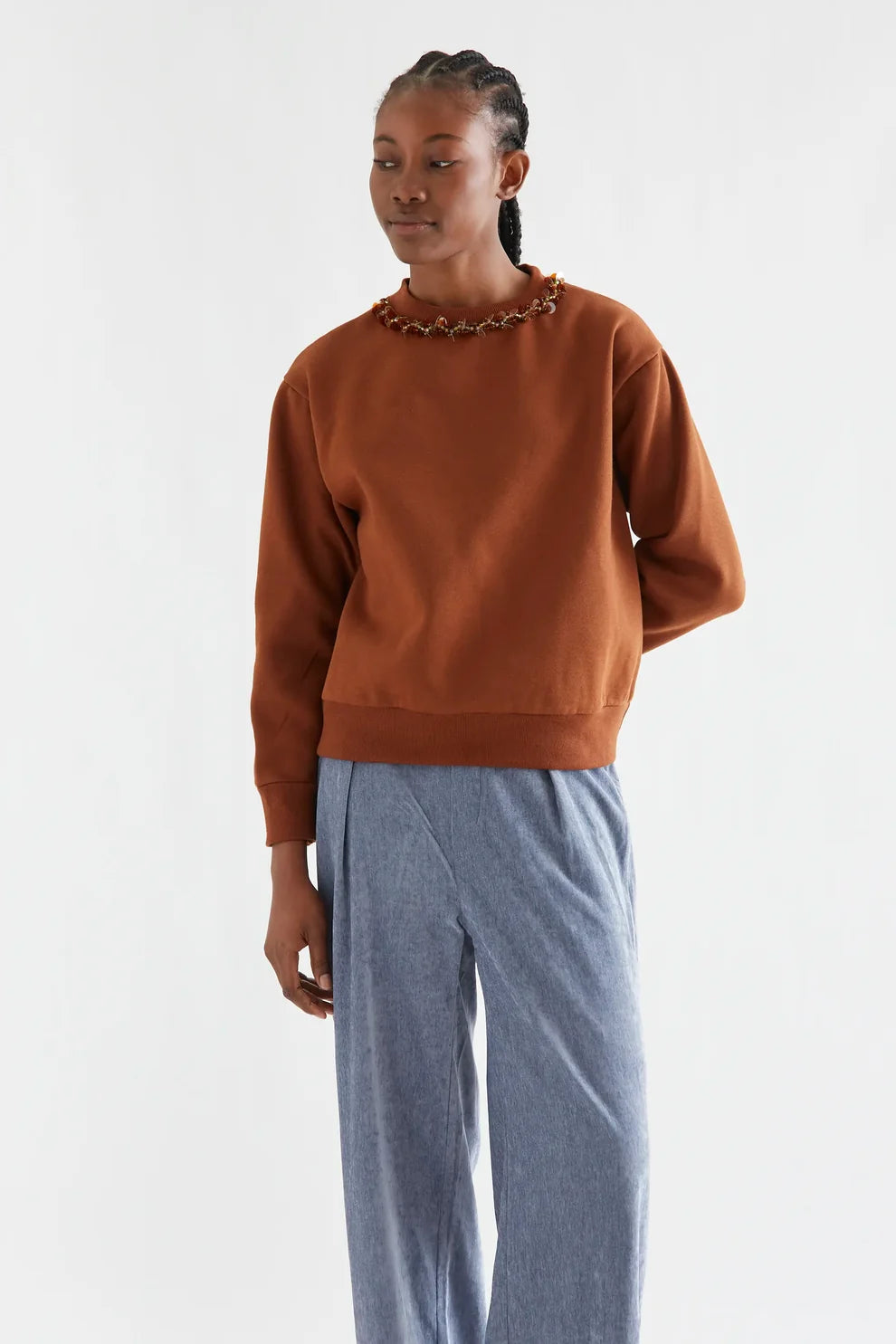 Brown crew-neck sweatshirt with amber jeweled collar detail and ribbed trims