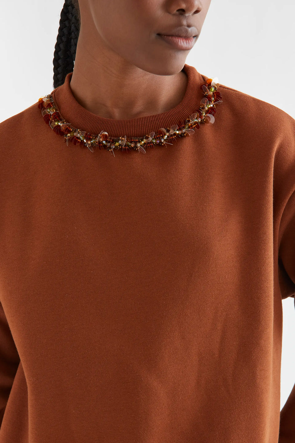 Fantastica brown sweatshirt with beaded jeweled embellished crew neckline trim