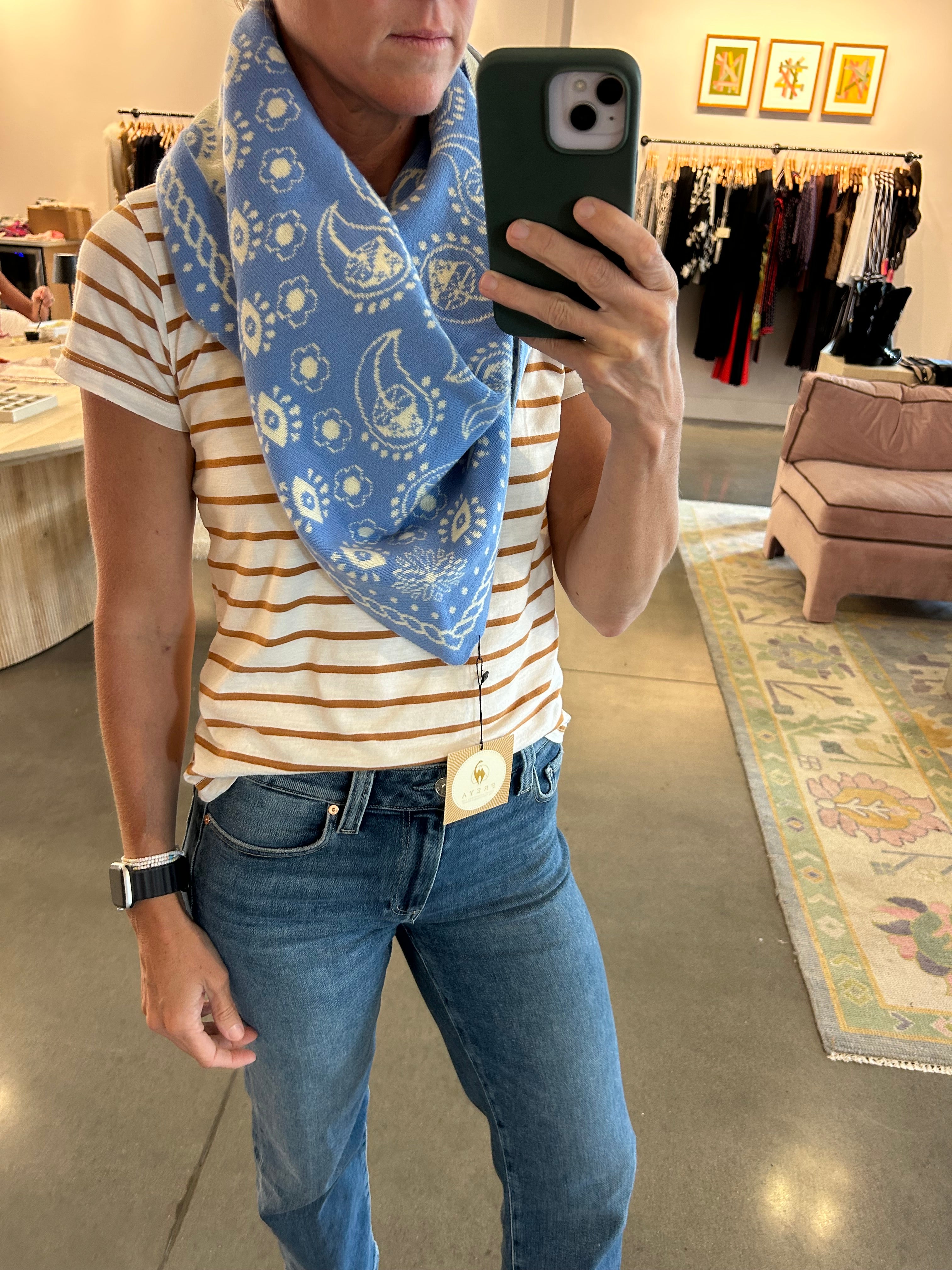 Freya Nebula Triangle Scarf in blue paisley print worn around neck