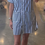 Navy and white striped short-sleeve button-front shirt dress with patch pockets