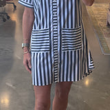 Navy and white striped short-sleeve button-front shirt dress with patch pockets