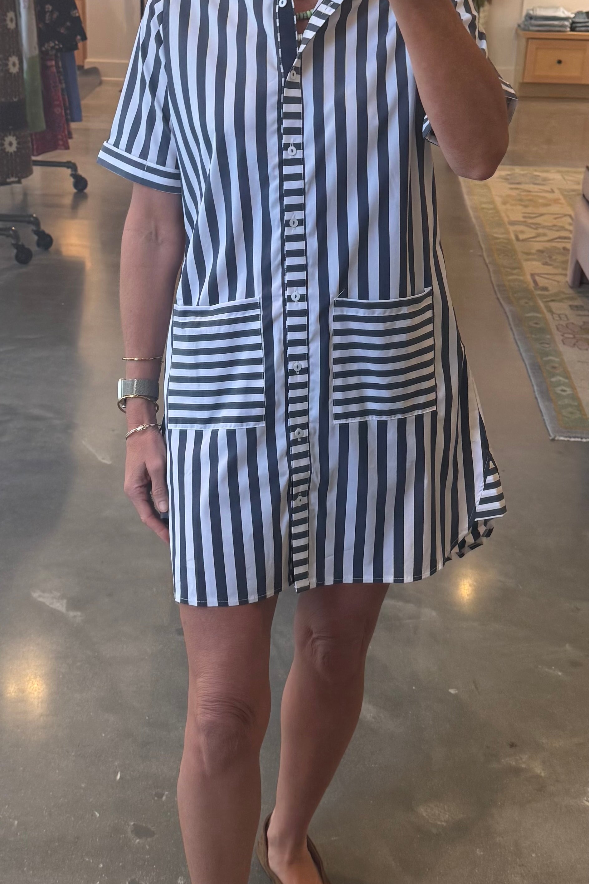 Navy and white striped short-sleeve button-front shirt dress with patch pockets