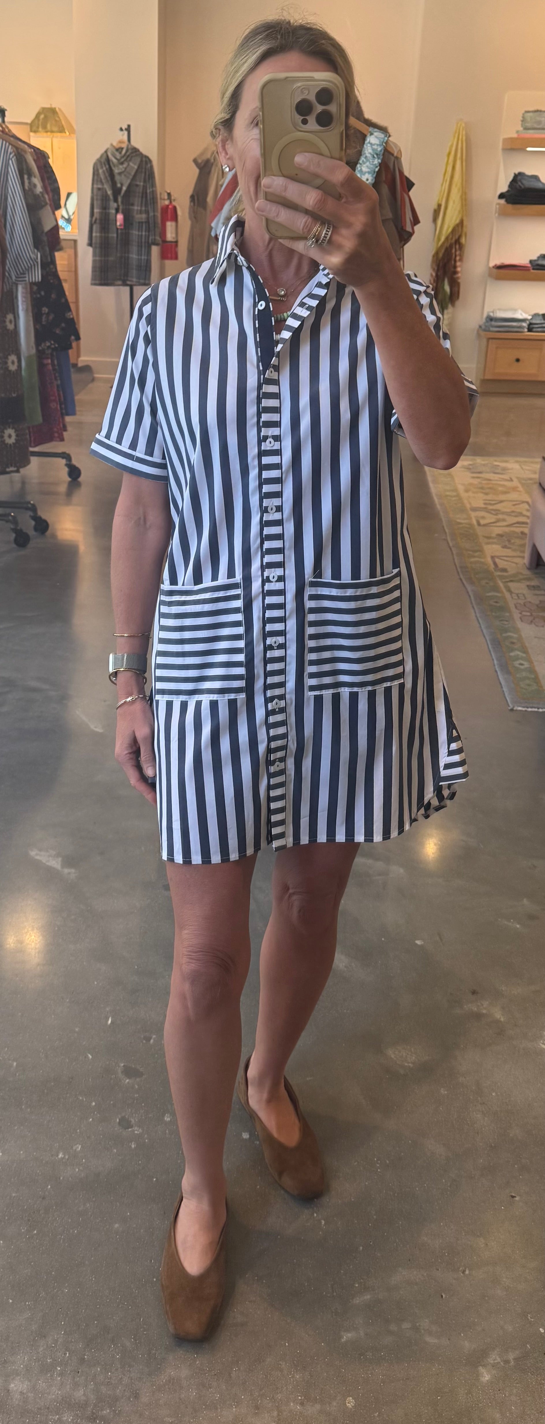 Navy and white striped short-sleeve button-front shirt dress with patch pockets