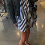 Navy and white striped button-front shirt dress with patch pockets, mini length
