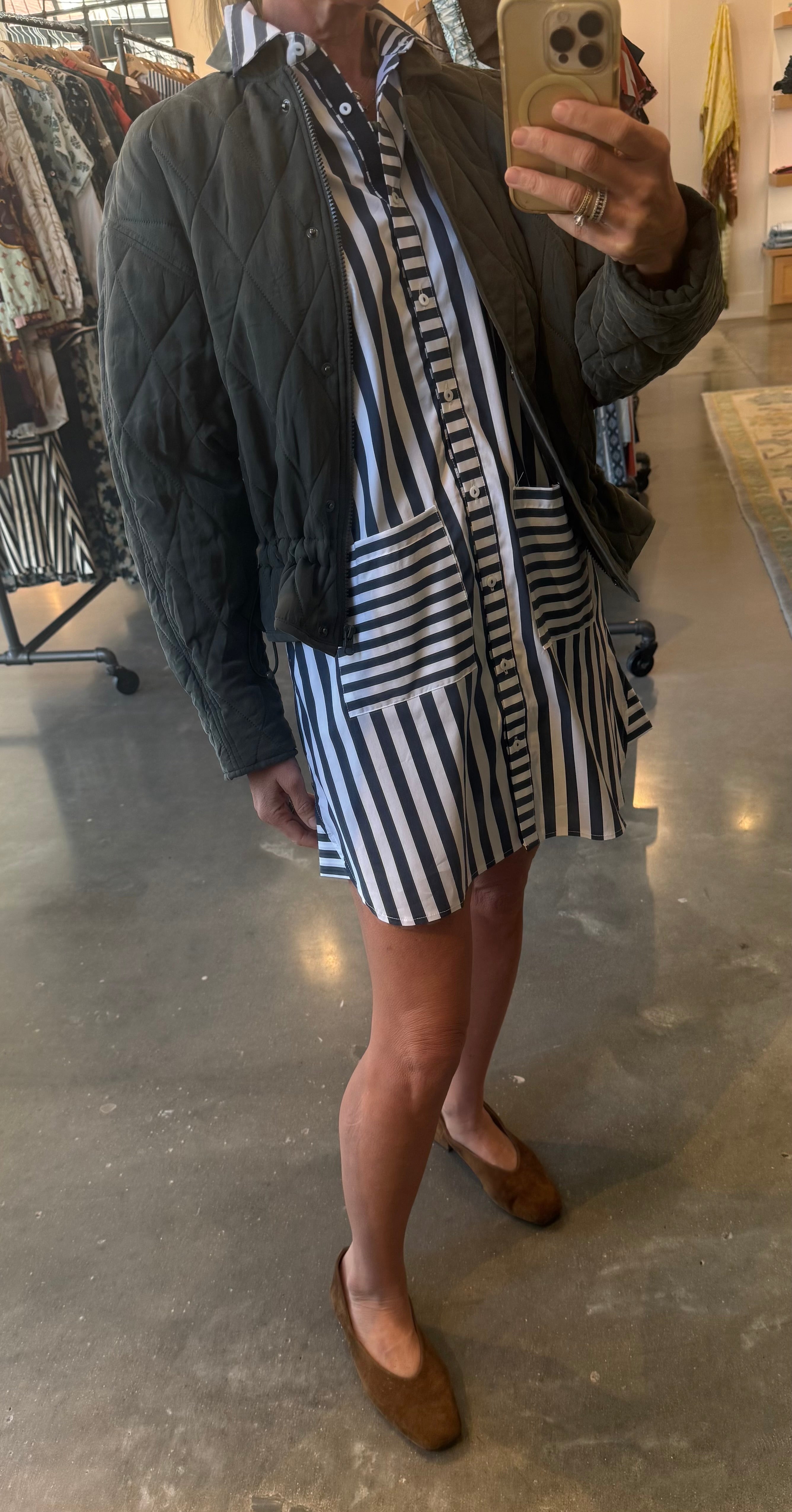 Navy and white striped button-front shirt dress with patch pockets, mini length