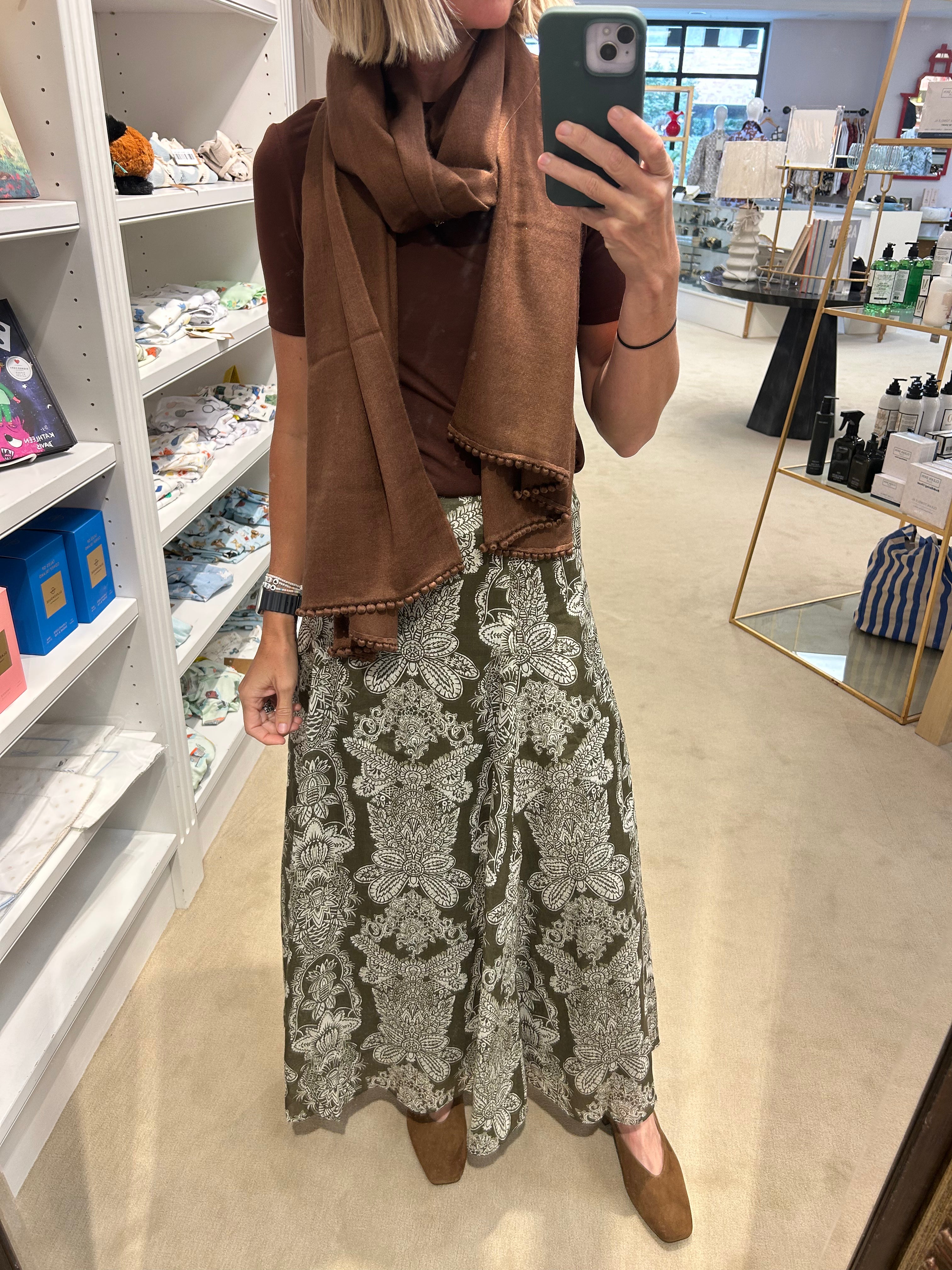Fitted brown short-sleeve modal t-shirt styled with scarf and patterned maxi skirt