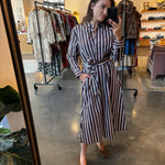 Brown and white striped midi shirt dress with belt and long sleeves