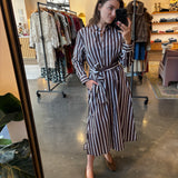 Brown and white striped midi shirt dress with belt and long sleeves