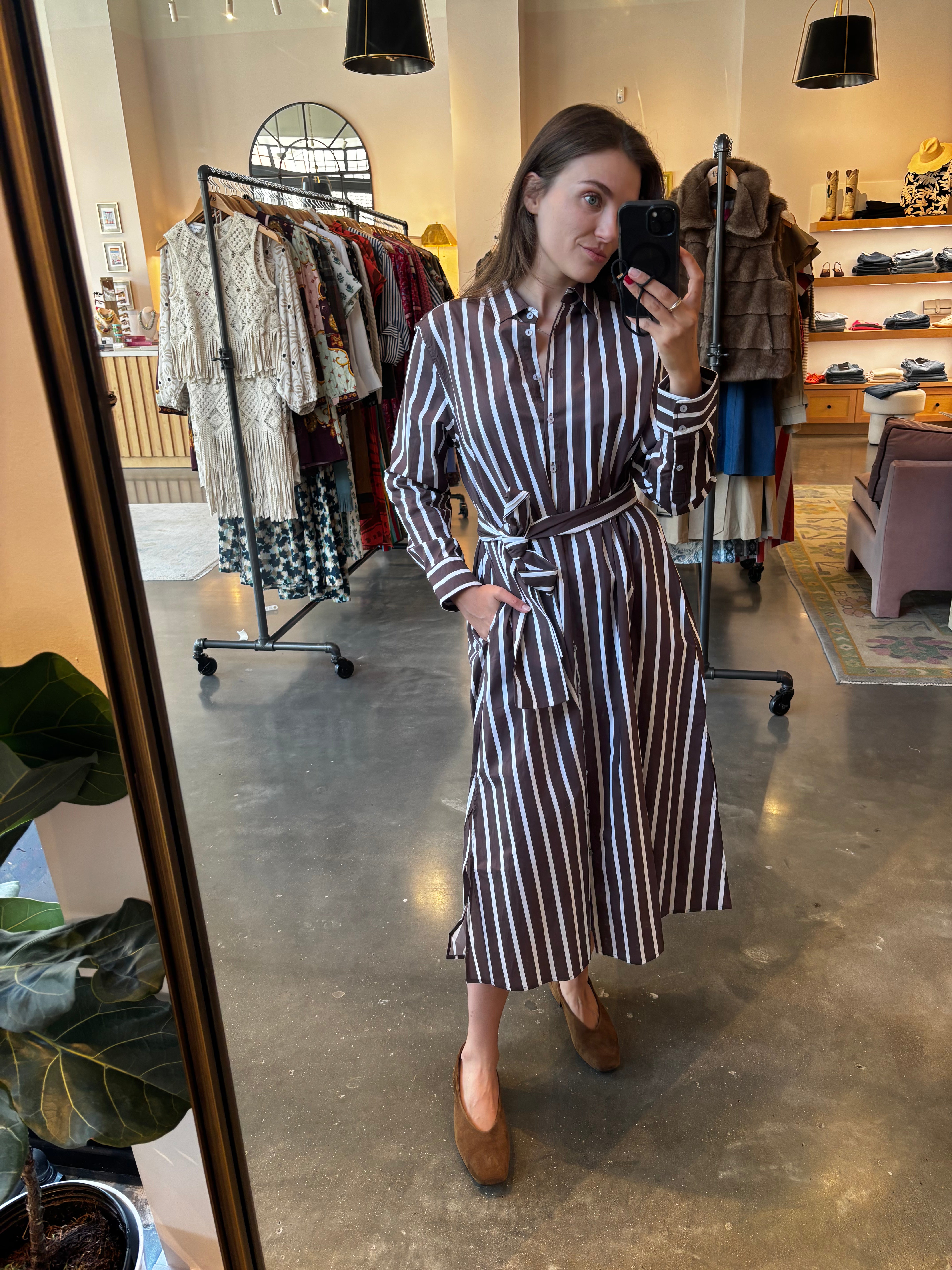 Brown and white striped midi shirt dress with belt and long sleeves