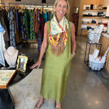 Livro Column Dress in olive green, sleeveless, midi length, styled with floral scarf