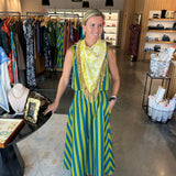 Sleeveless citron and teal stripe crop top with elastic waist, worn as dress