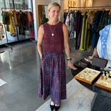 Midi skirt in burgundy and blue geometric print with gathered waist and side slit