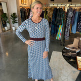 Olivia by Livro Langley midi dress in blue geometric knit with burgundy waist band