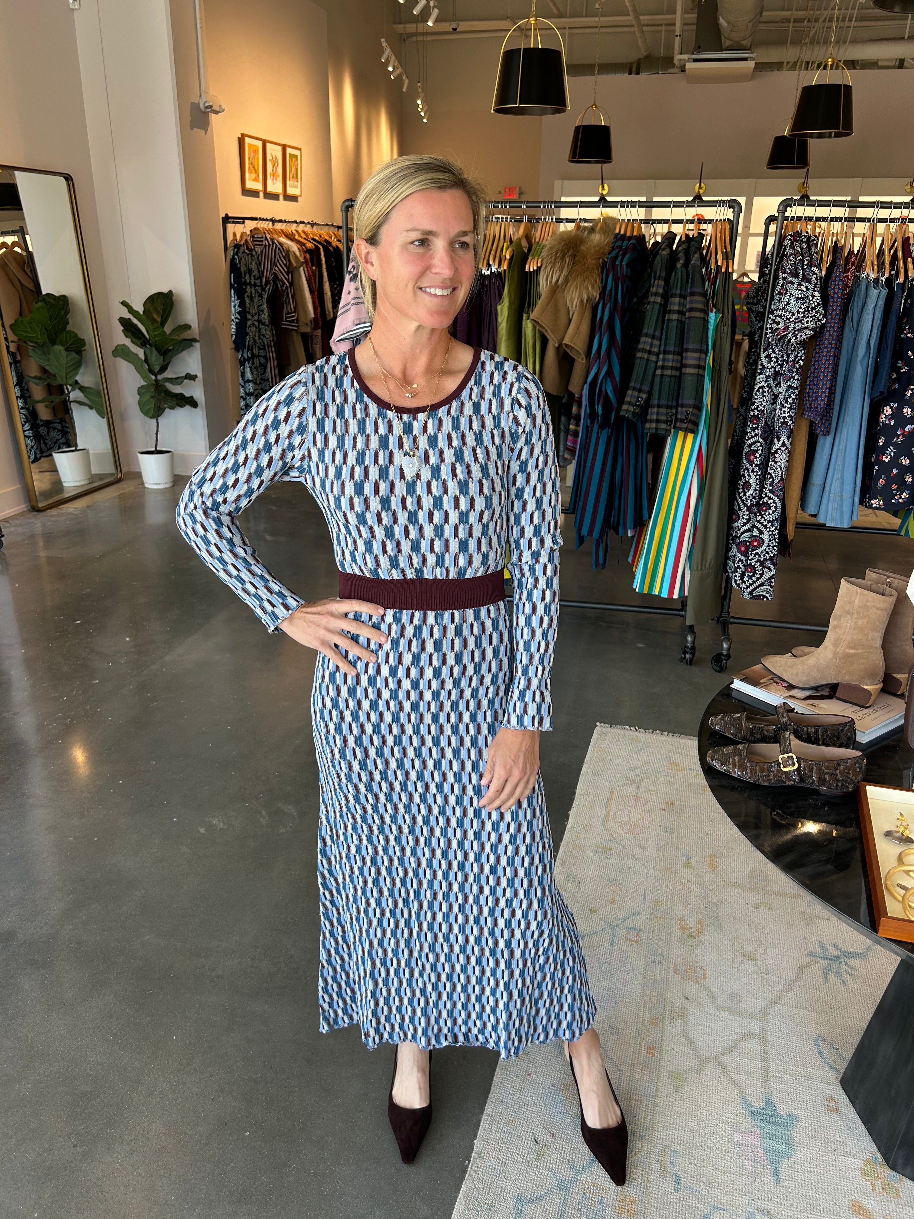 Olivia by Livro Langley midi dress in blue geometric knit with burgundy waist band