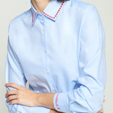 Blue button down with heart trim