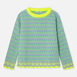 Grey knit sweater with neon tulip pattern, yellow ribbed crew neck and scalloped hem