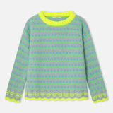 Grey knit sweater with neon tulip pattern, yellow ribbed crew neck and scalloped hem