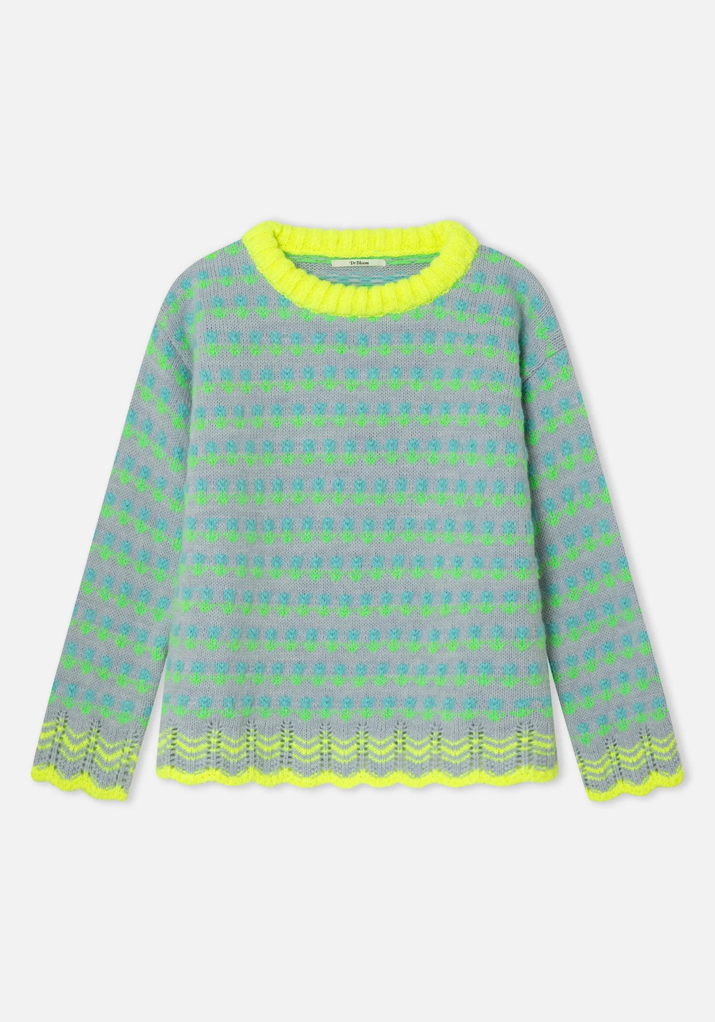 Grey knit sweater with neon tulip pattern, yellow ribbed crew neck and scalloped hem