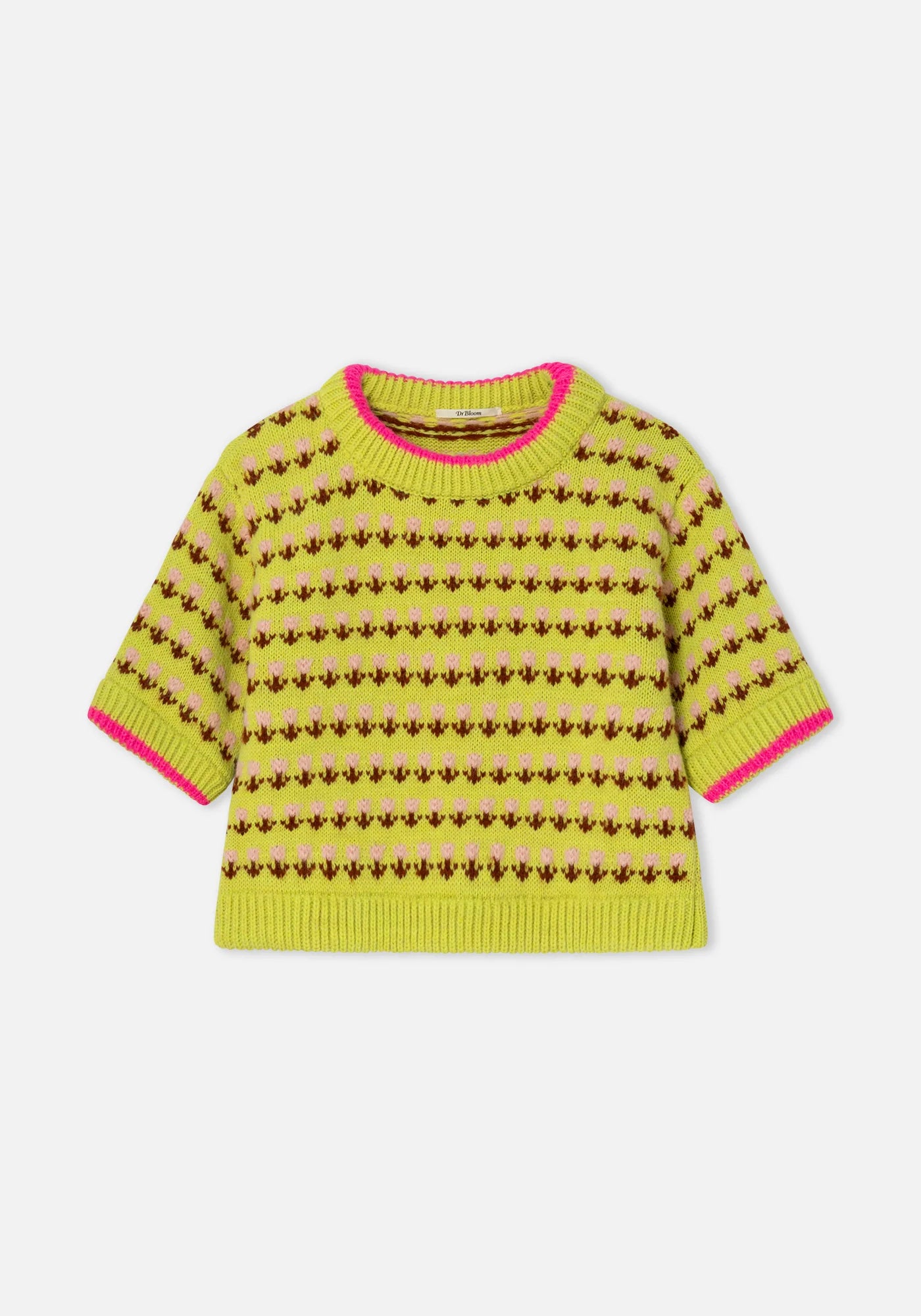 Lime green knit sweater with brown and pink tulip pattern and neon pink trim