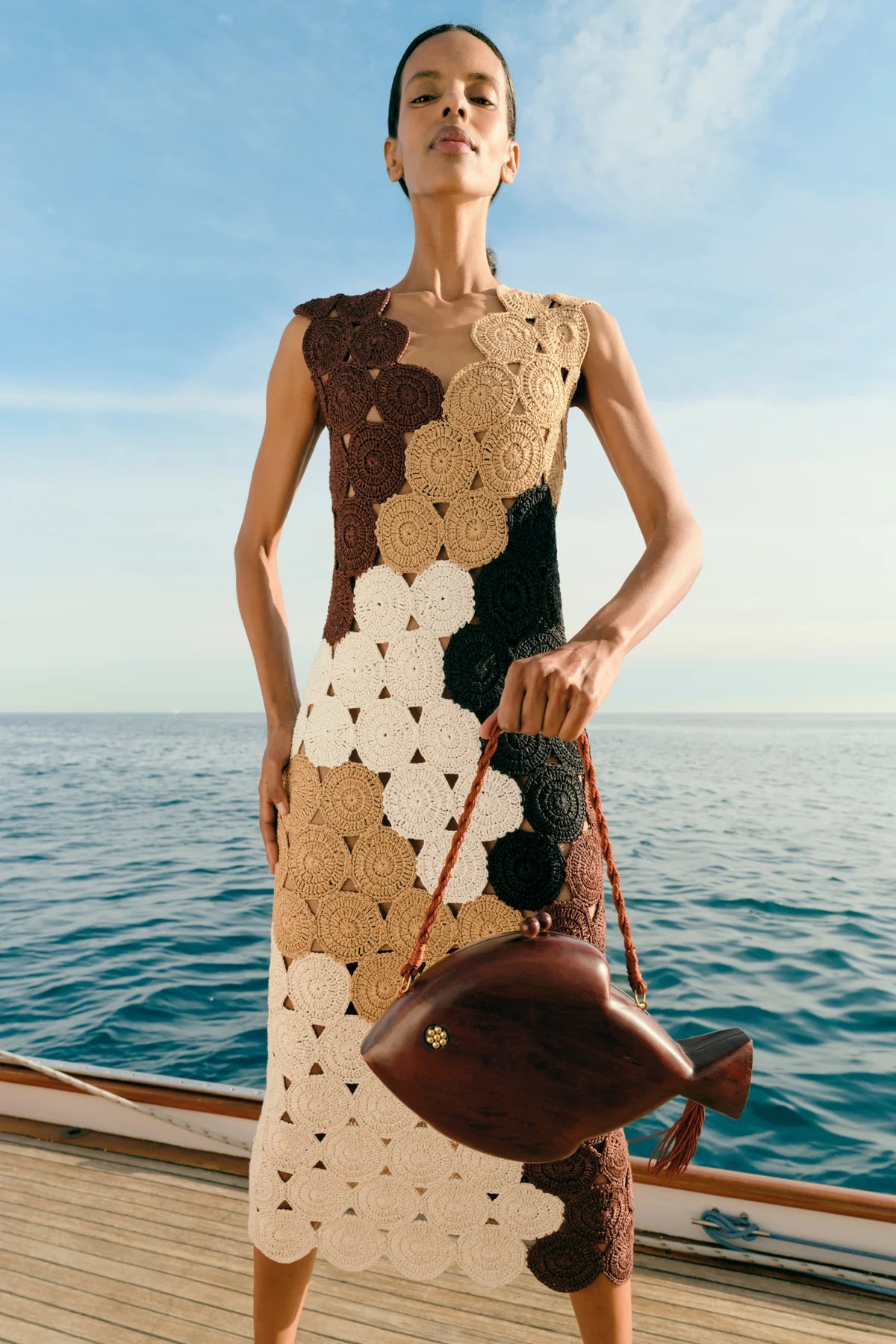 brown and white crochet dress Romy Peachy Crochet Dress