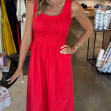 Poplin A Line Midi Dress in Red