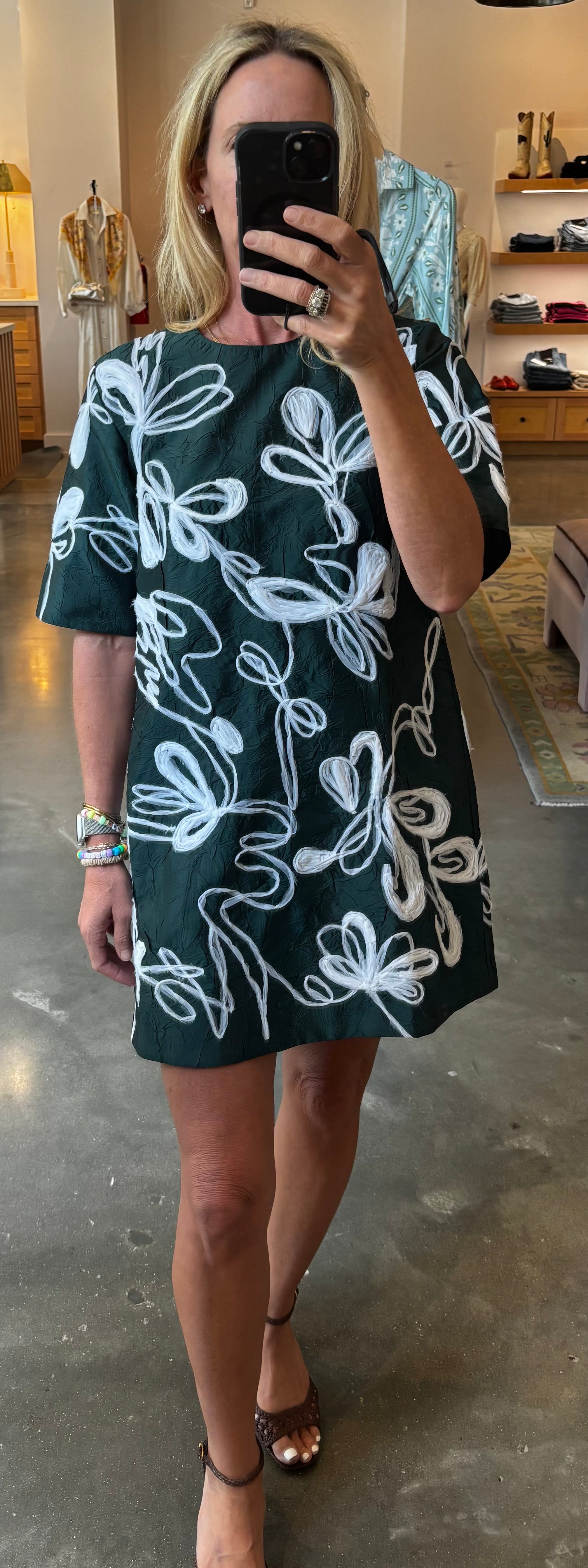 Deep forest green mini shift dress with white floral embroidery, short sleeves
