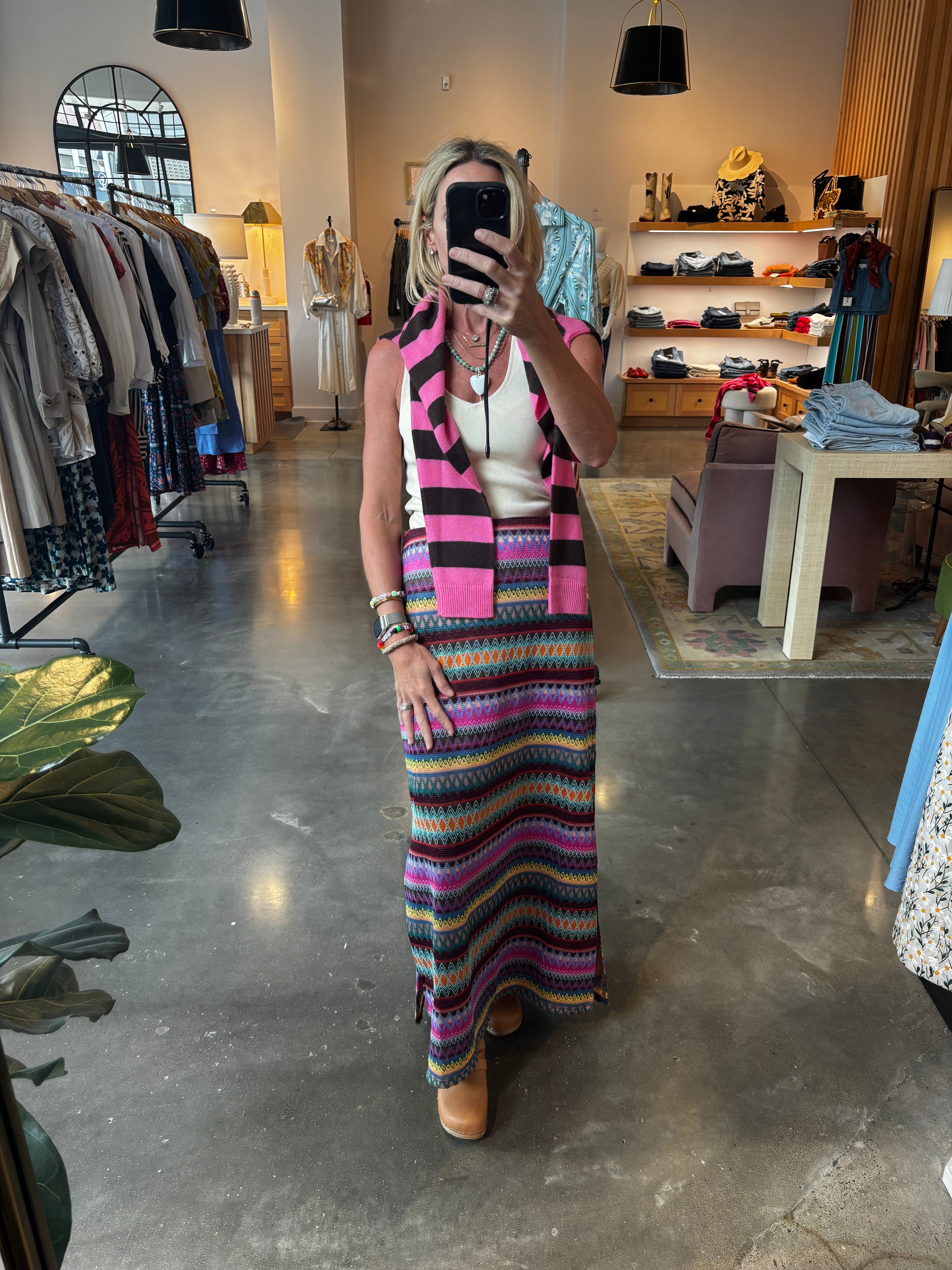 Multicolor fair isle knit maxi skirt in pink orange teal striped zigzag pattern