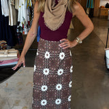 Burgundy sleeveless ribbed Miranda Tank by Marie Oliver, styled with printed maxi skirt