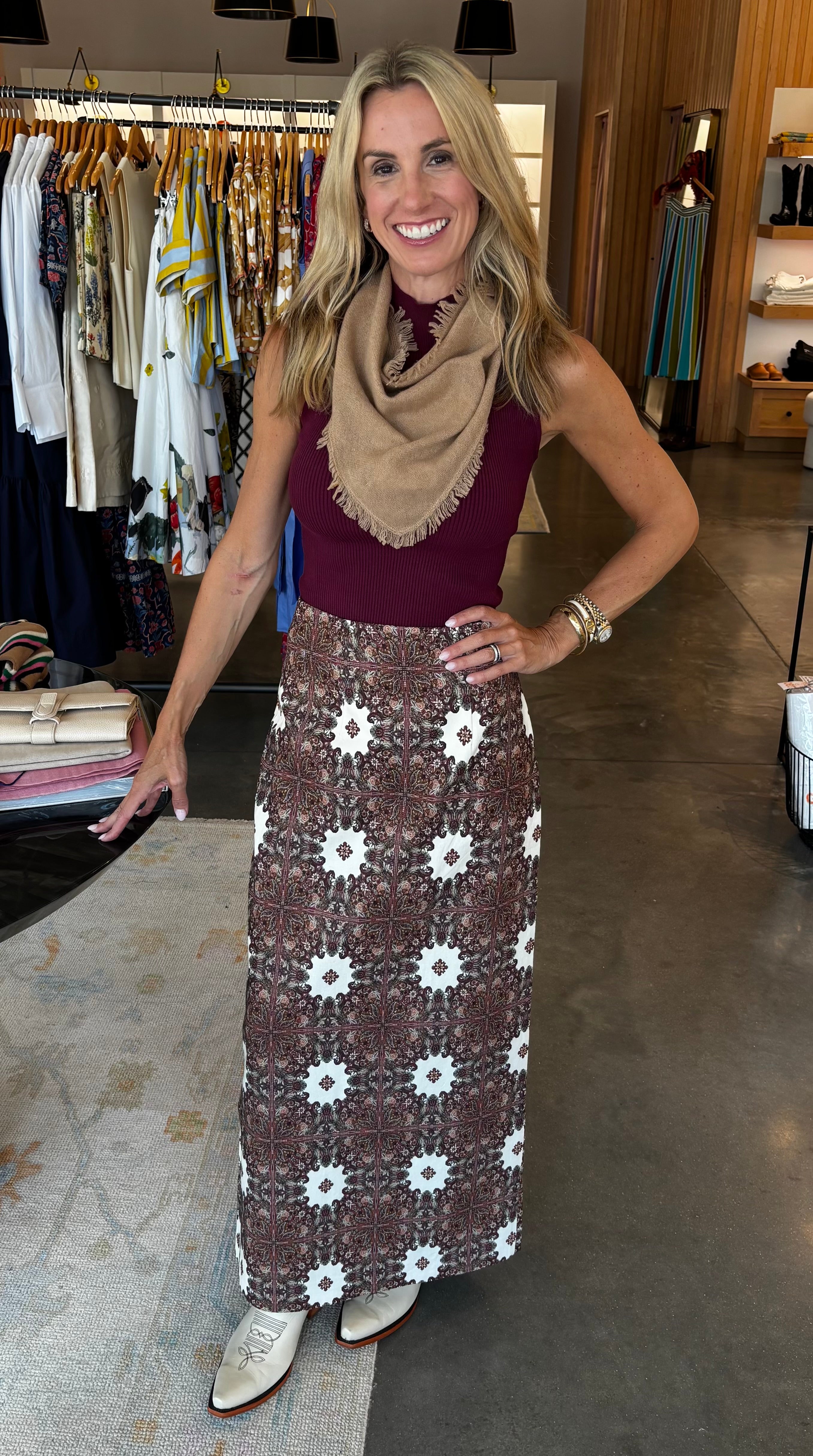 Burgundy sleeveless ribbed Miranda Tank by Marie Oliver, styled with printed maxi skirt
