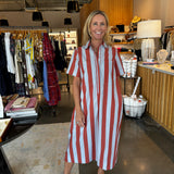 Rust and light blue wide-stripe midi shirtdress with short sleeves and collar