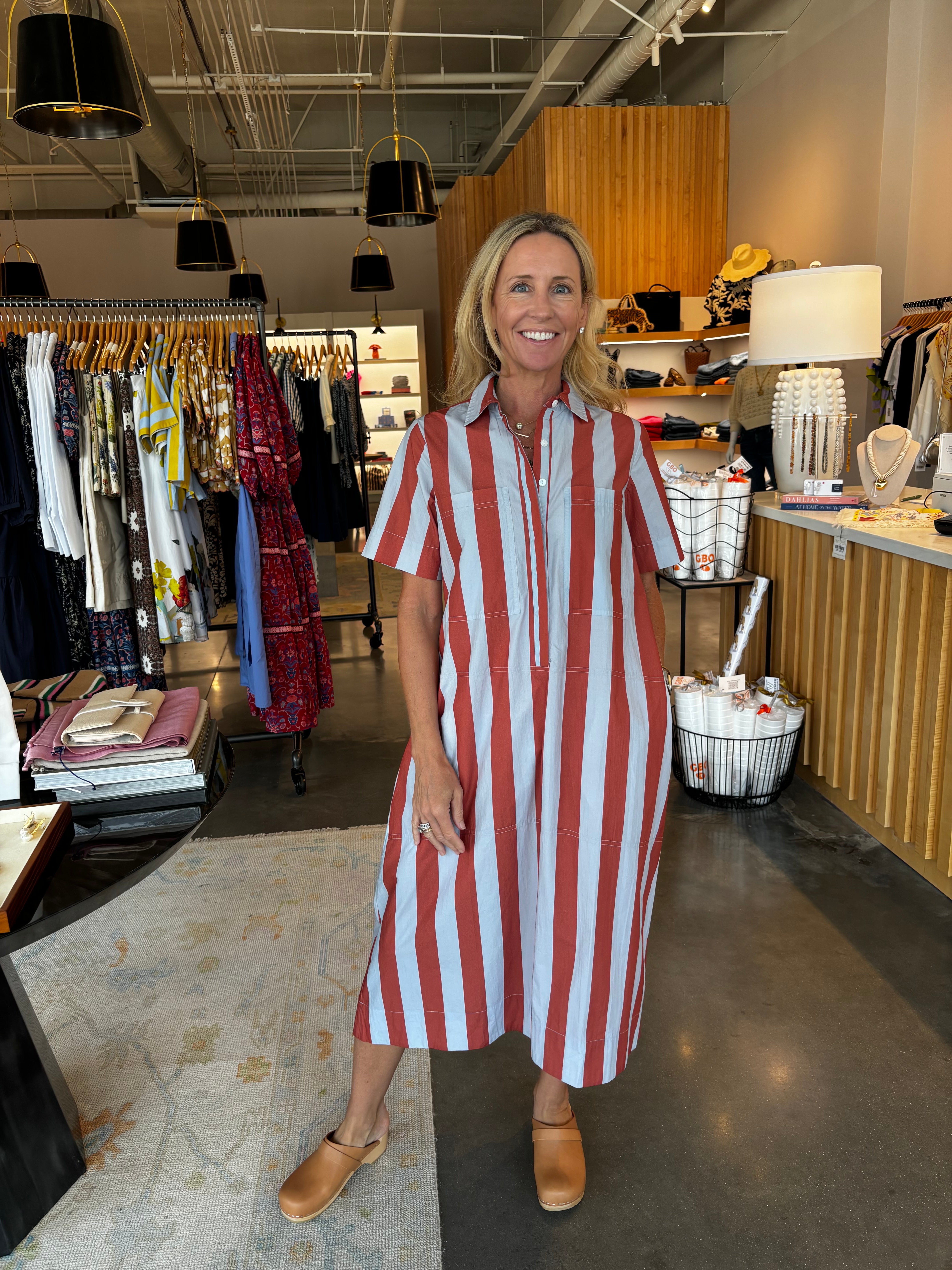 Rust and light blue wide-stripe midi shirtdress with short sleeves and collar