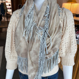Beige tie dye pashmina scarf with light blue leather fringe trim on mannequin
