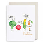 Funny birthday card with protesting vegetable characters holding humorous signs