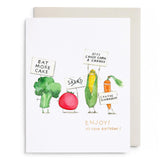 Funny birthday card with protesting vegetable characters holding humorous signs