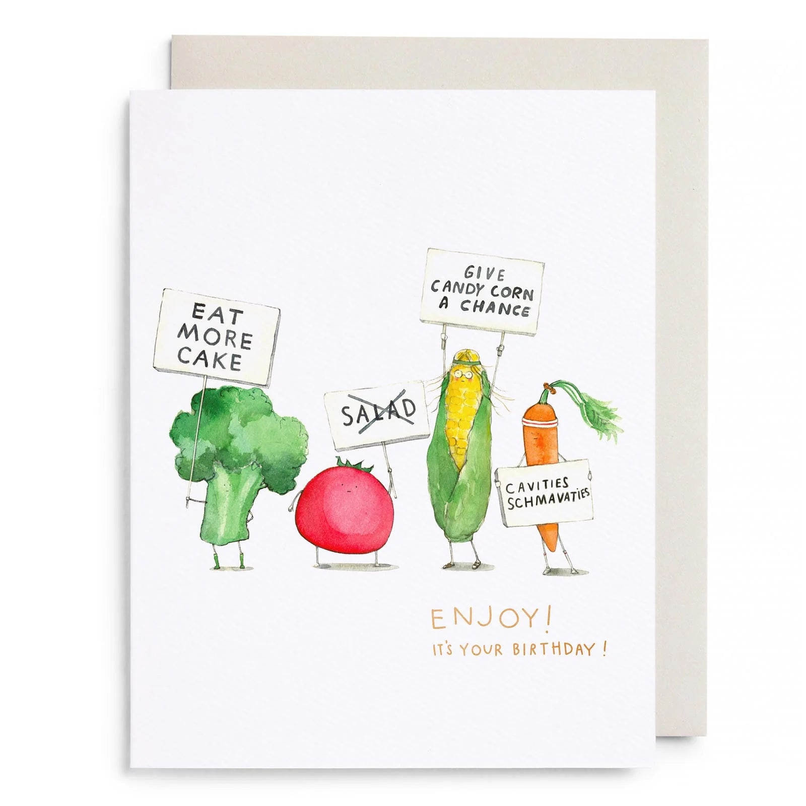 Funny birthday card with protesting vegetable characters holding humorous signs