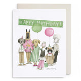 Watercolor birthday card featuring dressed dogs with balloons and cake, green banner