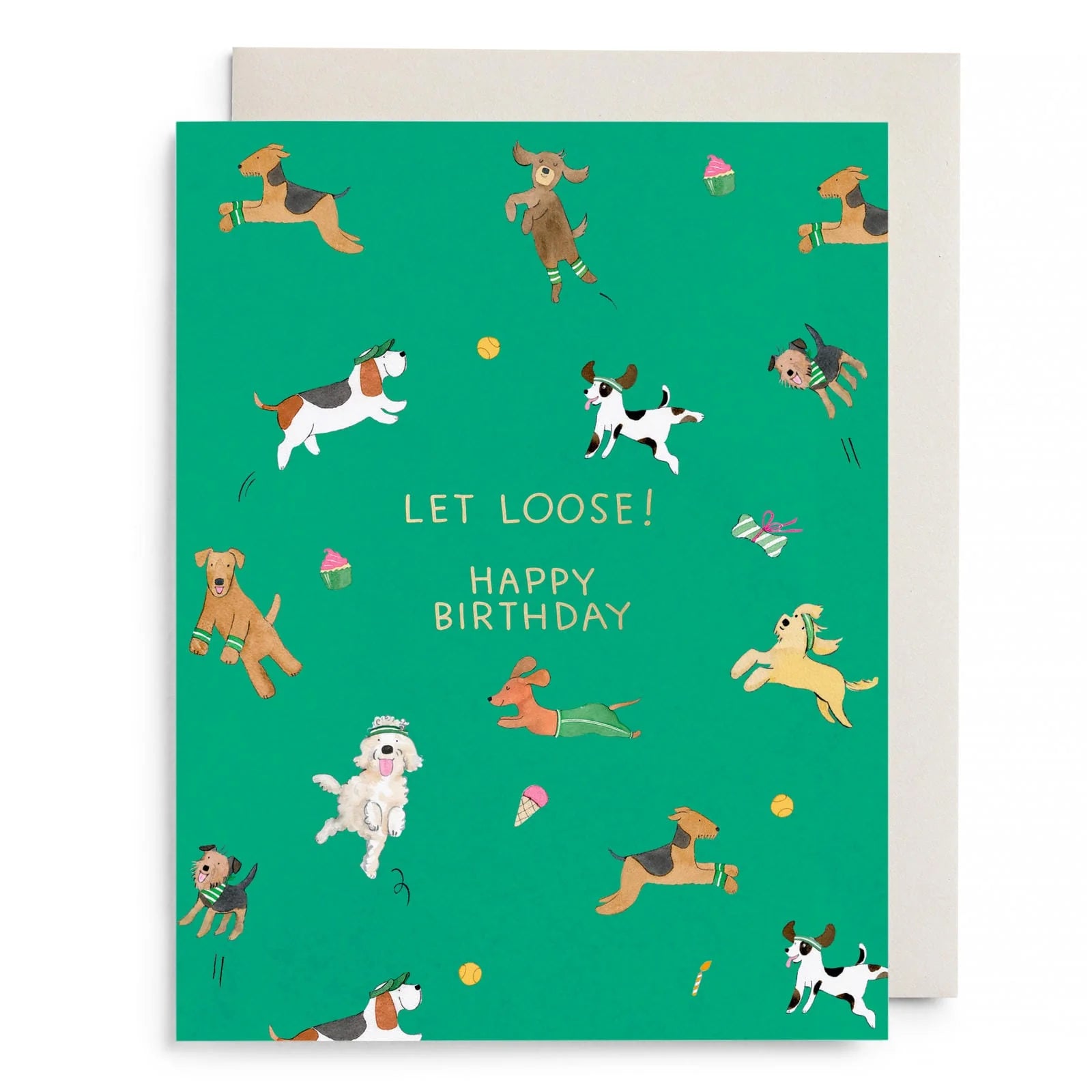 Green birthday card with playful illustrated dogs and "Let Loose! Happy Birthday" text