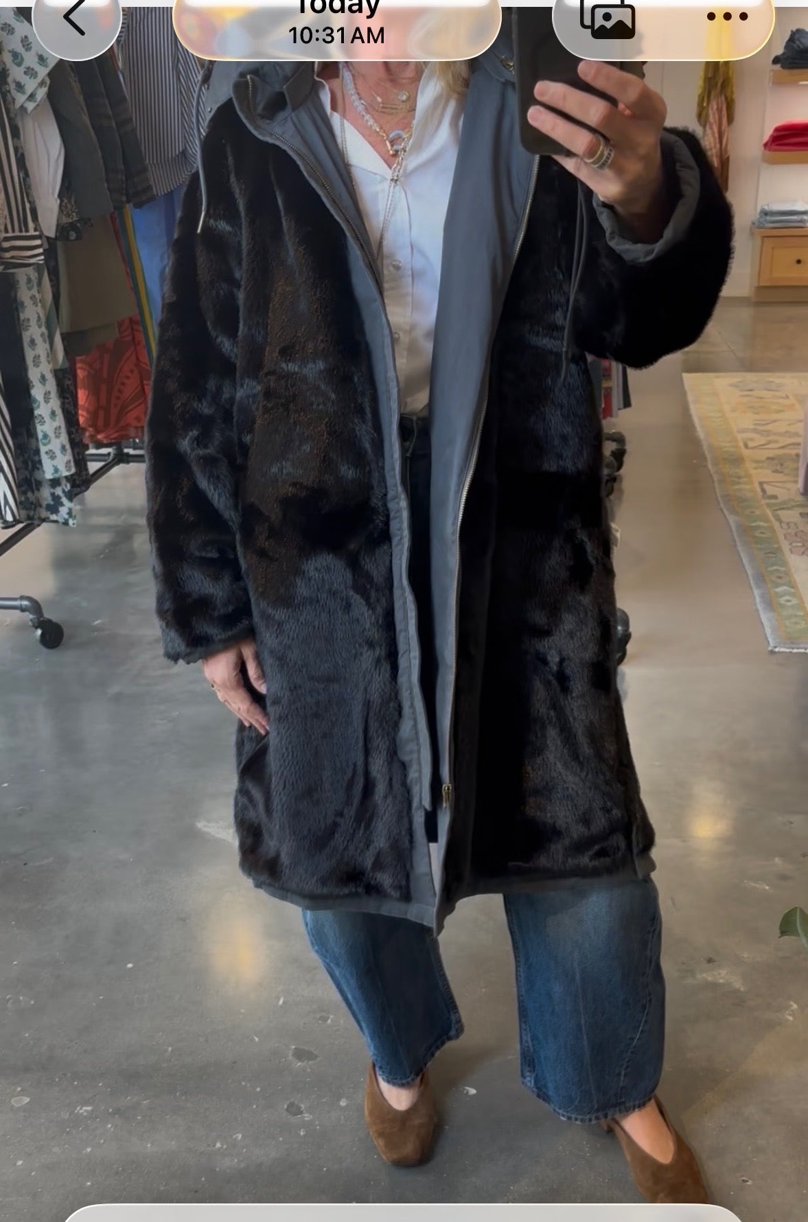 Black faux fur reversible hooded coat with grey lining, midi length